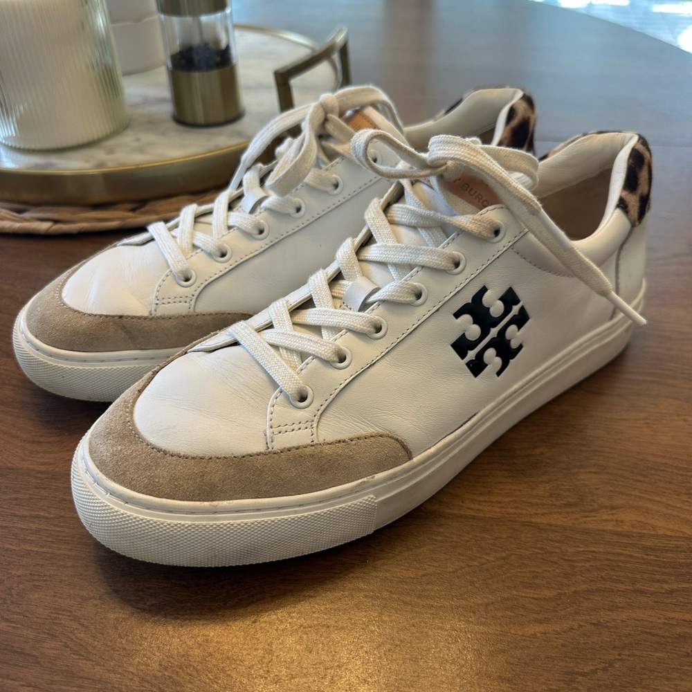 Tory Burch Leopard Cheetah Print Andrea White Leather Sneaker